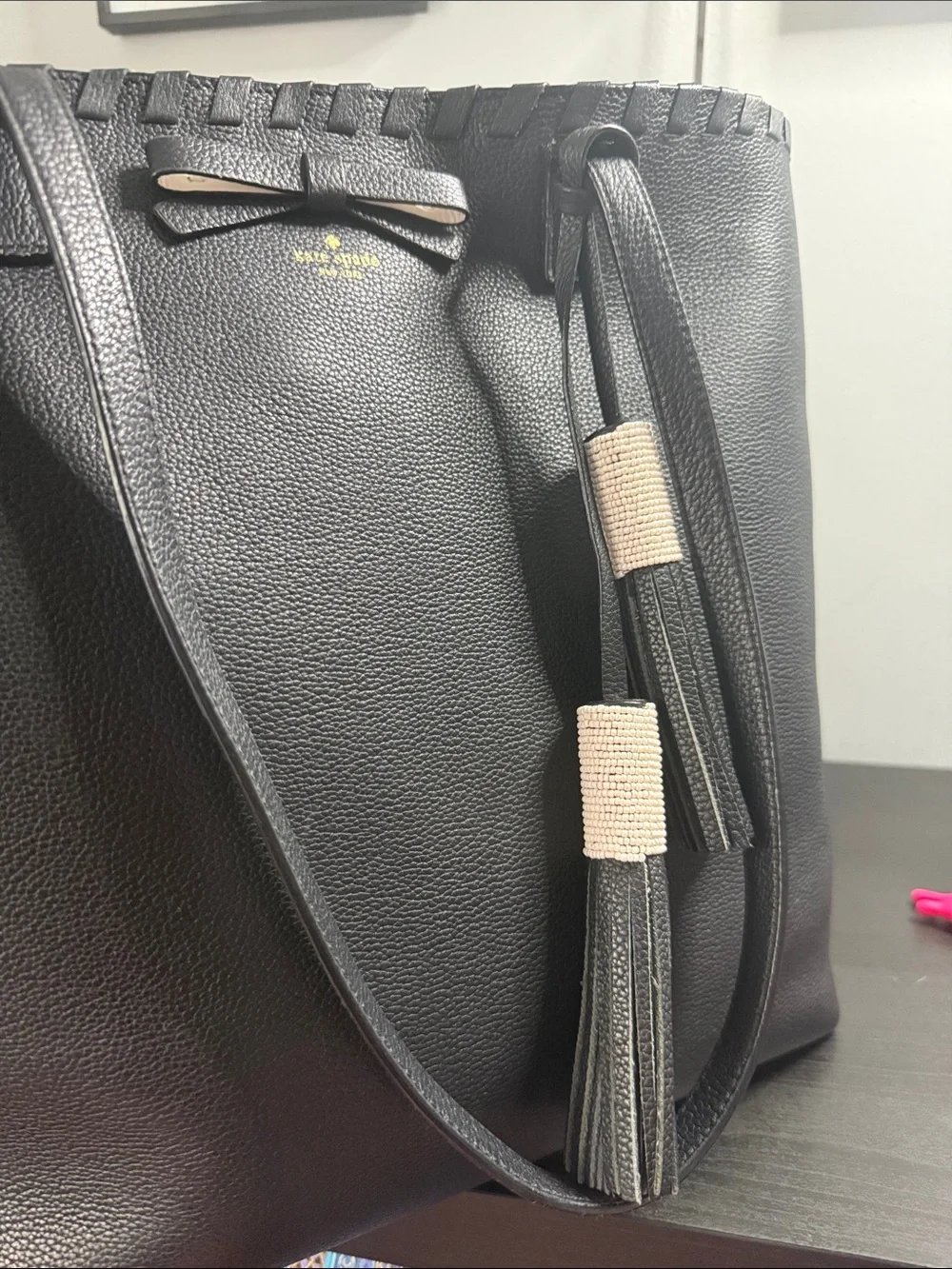 kate spade On Purpose Black Leather Tote with Tassel Accents